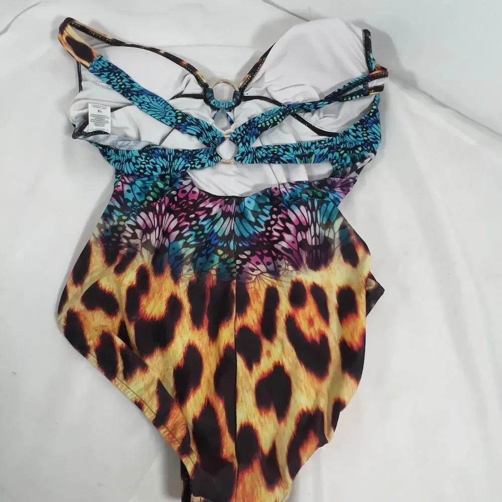 Venus Jungle Party One-Piece Swimsuit V-Neck Gold Ring Animal Print Womens 12
